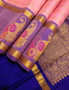 Classic Baby Pink & Royal Blue Elegance Kanchipuram Handloom Silk Saree SS25495