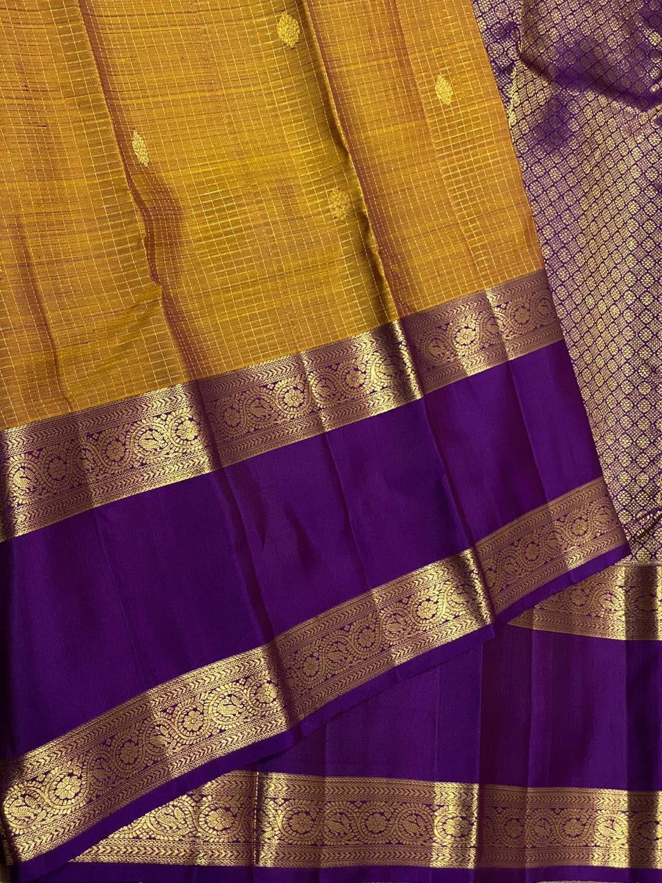 Shimmer Mustard & Aubergine 2gm Zari Vaira Oosi Kanchipuram Handloom Silk Saree SS25586