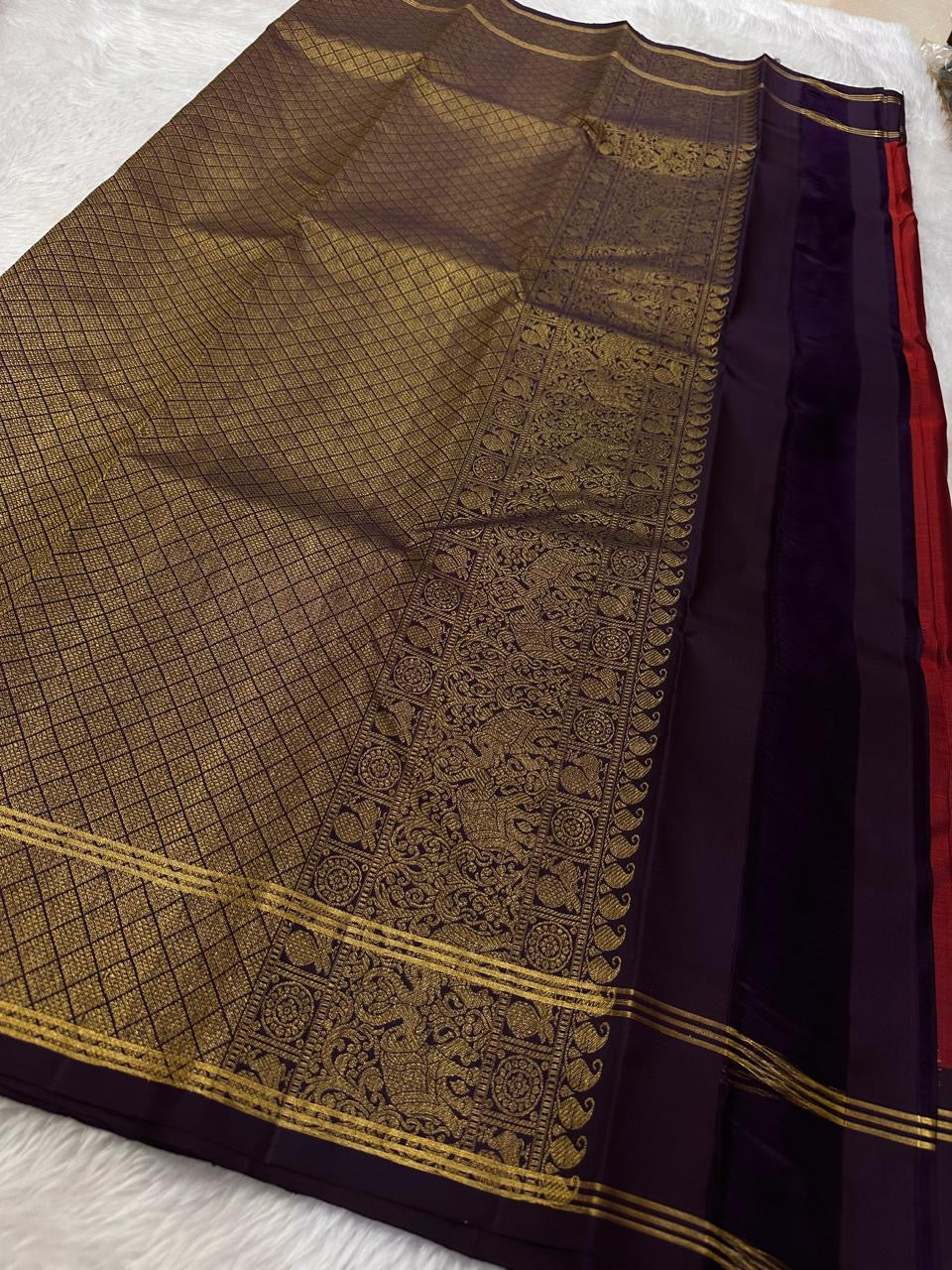 Classic Brick Red & Eminence Violet Elegance Kanchipuram Handloom Silk Saree SS23674