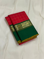 Load image into Gallery viewer, Classic Tomato Red &amp; Green Vintage Silver Checks Korvai 1gm Zari Kanchipuram Handloom Silk Saree SS26274
