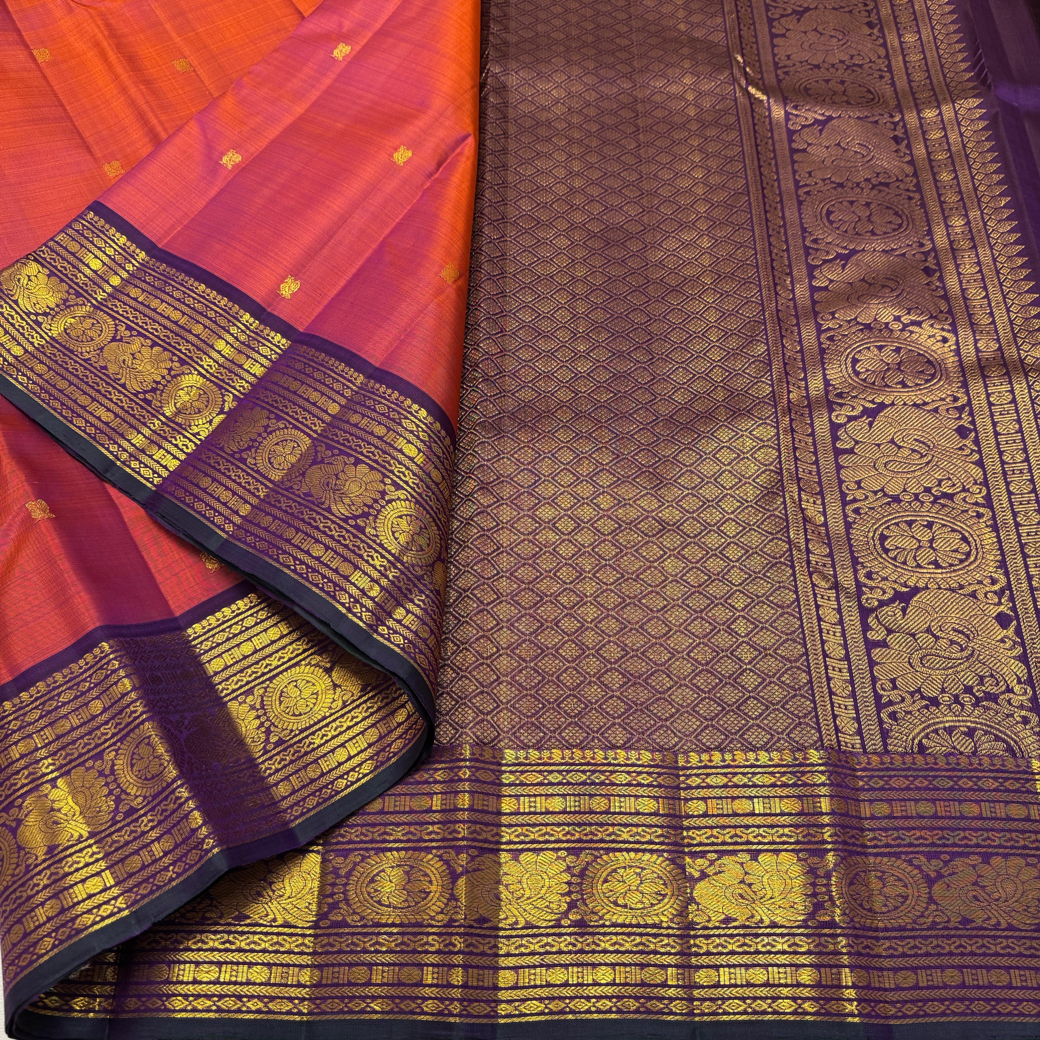 Classic Orange Rose & Plum 2gm Zari Kanchipuram Handloom Silk Saree SS25993