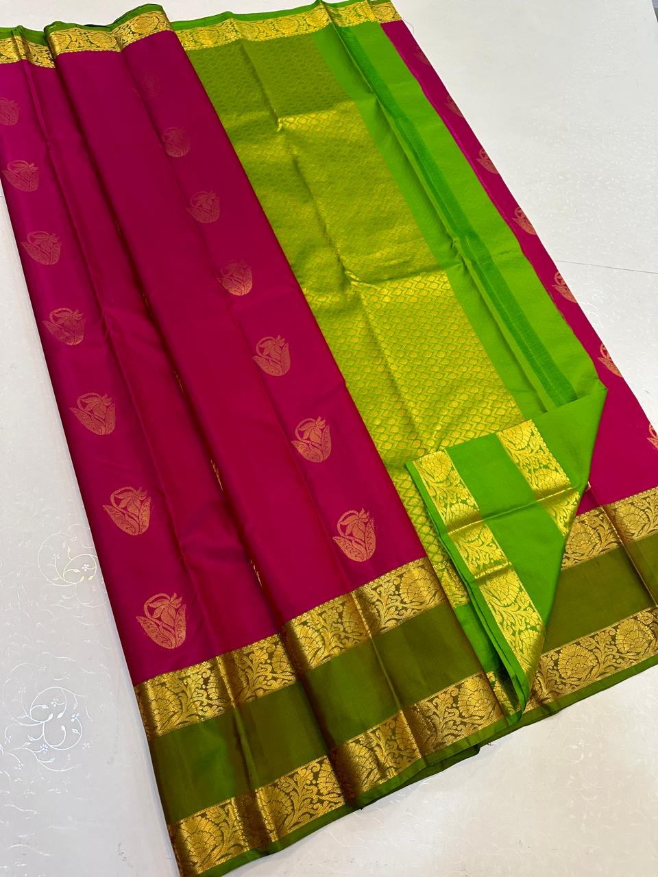 Deep Pink & Green Elegance Handloom Silk Saree SS23569