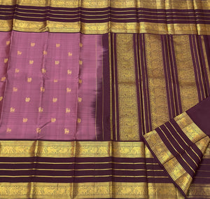 Classic Creamy Pink & Chocolate Brown 1gm Zari Elegance Kanchipuram Handloom Silk Saree SS24504