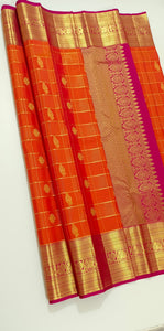 Classic Orange & Rani Pink 2gm Zari Vaira Oosi Elegance Kanchipuram Handloom Silk Saree SS25268