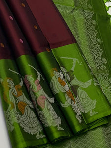 Classic Dark Brown & Lime Green Double Warp Elegance Handloom Soft Silk Saree SS26424