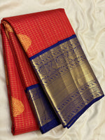 Load image into Gallery viewer, Classic Brick Orange &amp; Royal Blue 2gm Zari Vaira Oosi Checks Elegance Kanchipuram Handloom Silk Saree SS27618
