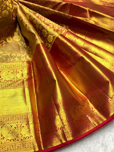 Classic Golden Mustard & Brick Red 2gm Zari Bridal Elegance Kanchipuram Handloom Silk Saree SS25356