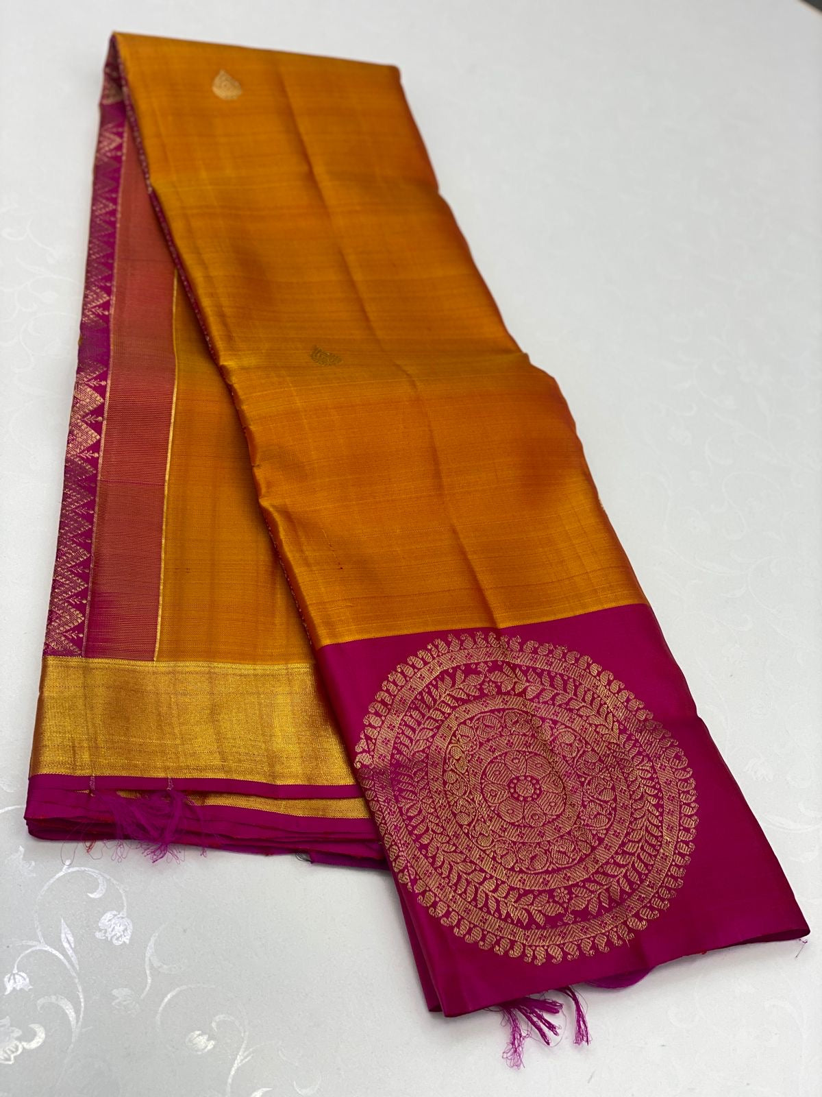 Classic Golden Orange & Deep Pink 1gm Zari Elegance Kanjivaram Handloom Silk Saree SS22949