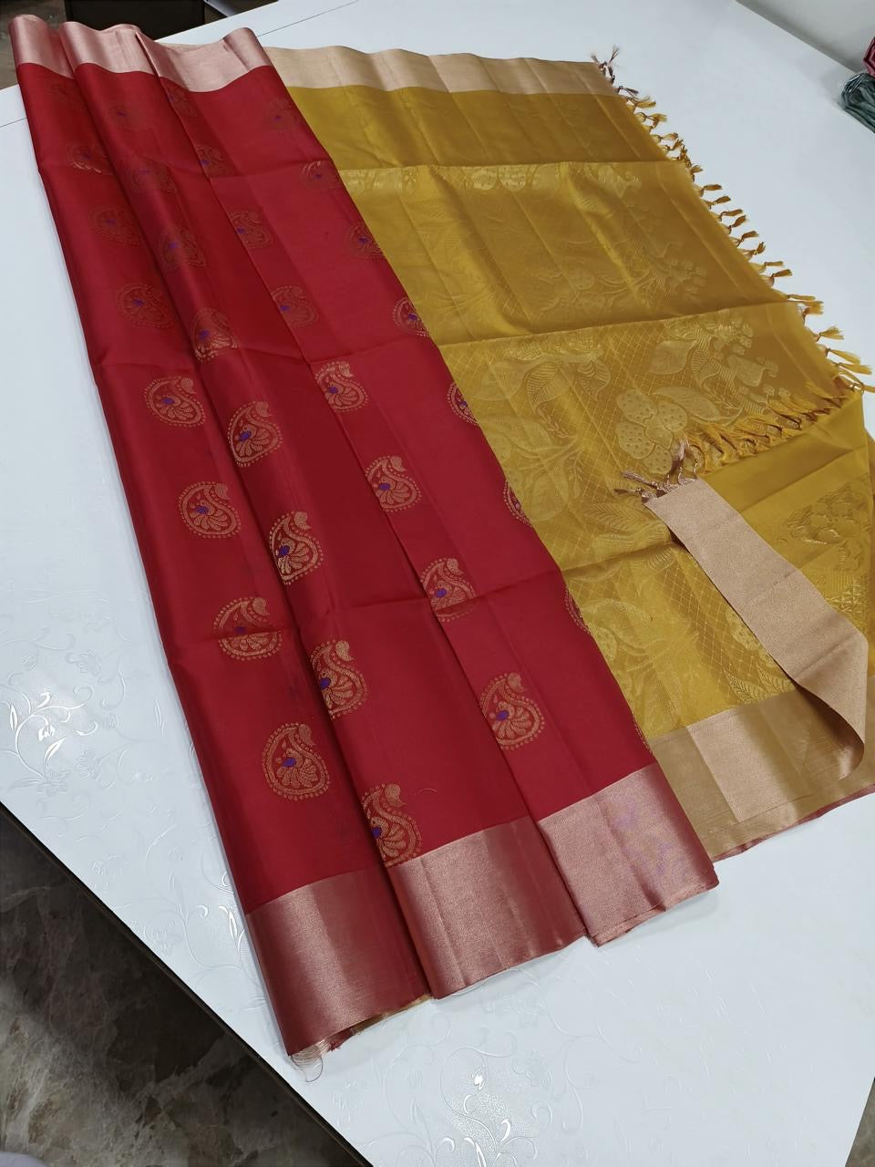 Classic Red & Mango Yellow Elegance Handloom Soft Silk Saree SS25599
