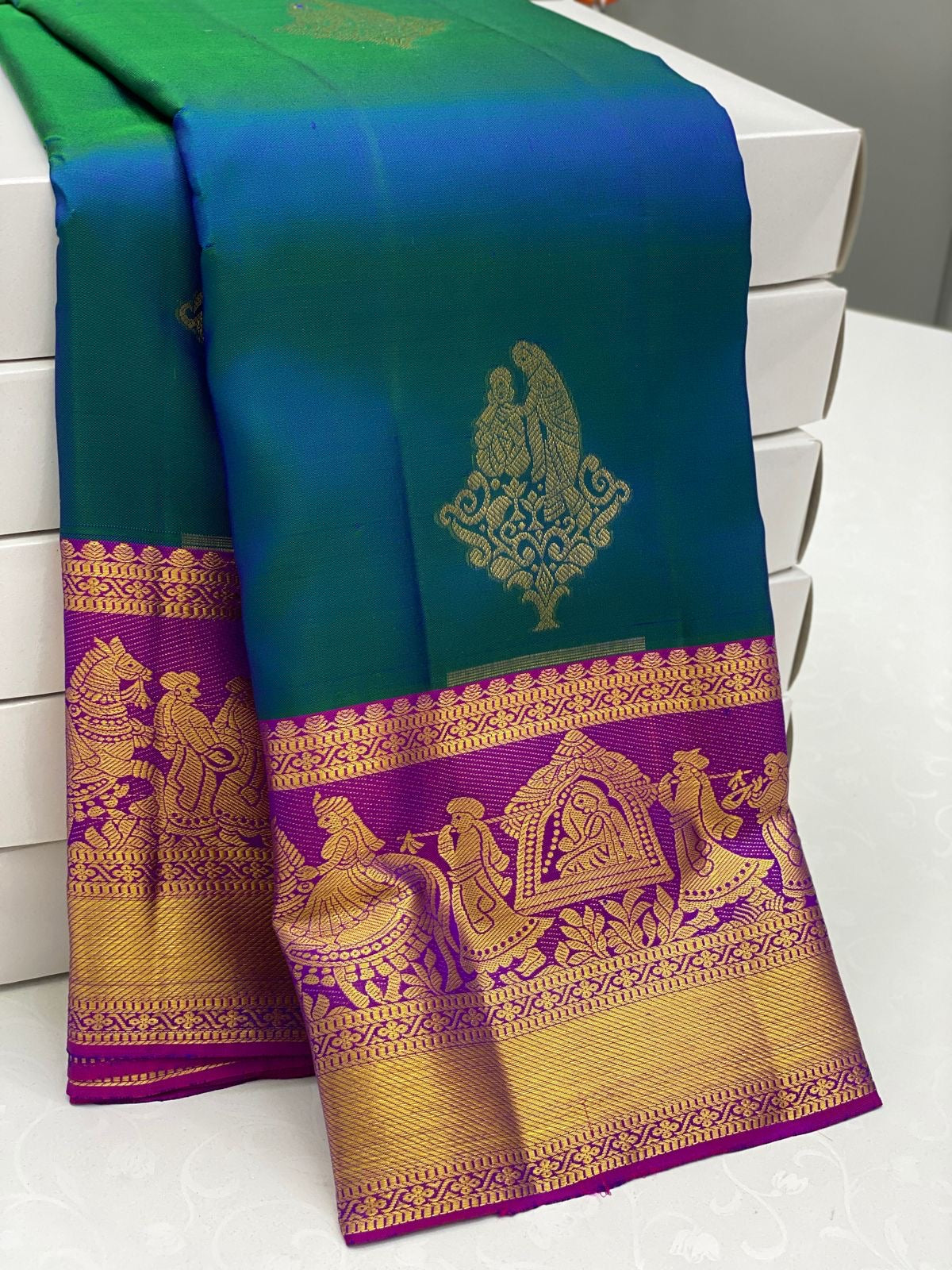 Classic Peacock Blue & Fuchsia Pink 1gm Zari Elegance Kanchipuram Handloom Silk Saree SS24383