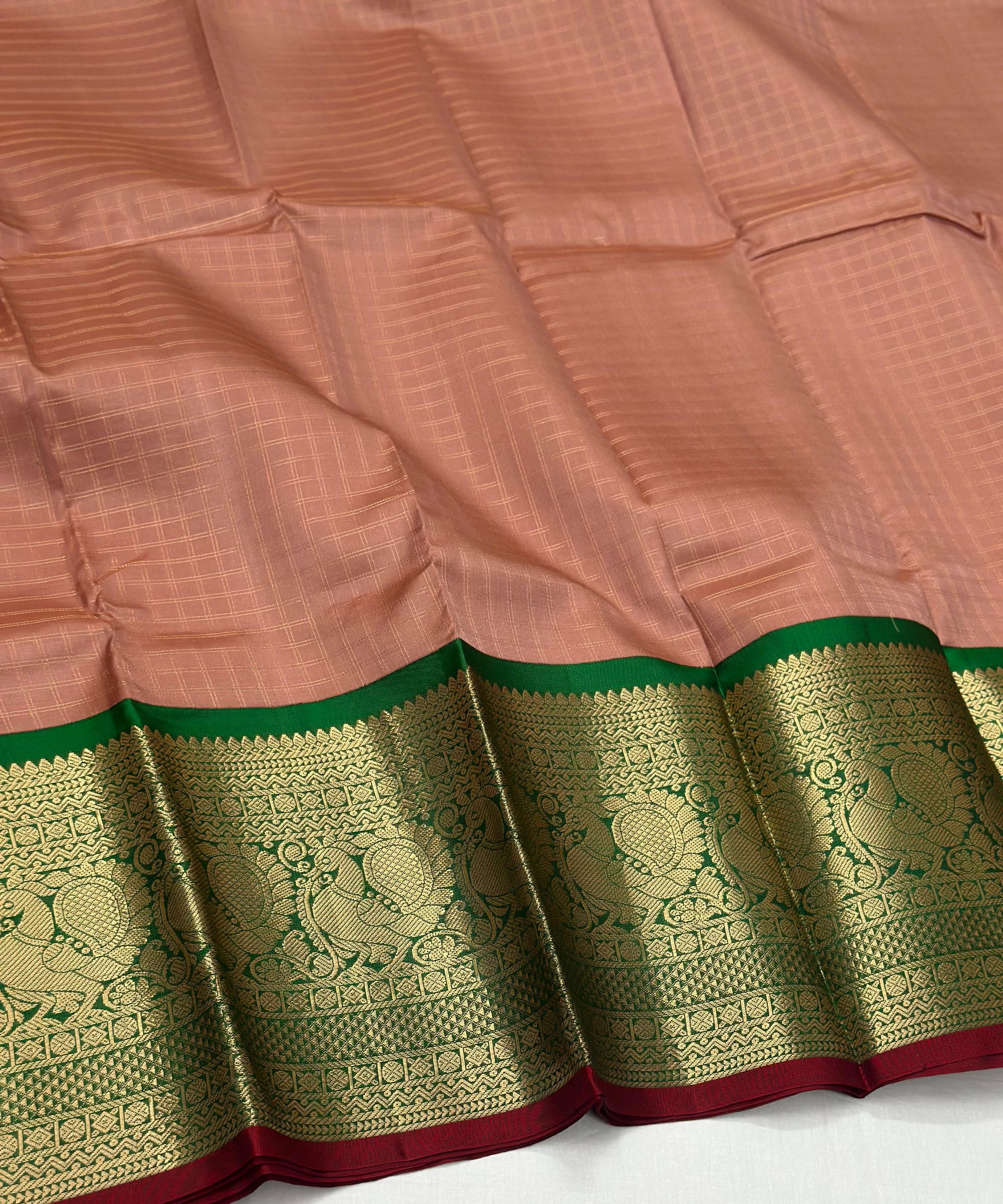 Classic Dusky Rose &  Dark Green 1gm Zari Elegance Kanchipuram Handloom Silk Saree SS25158