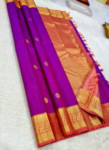 Classic Purple & Peach 1gm Zari Kanchipuram Handloom Silk Saree SS25789