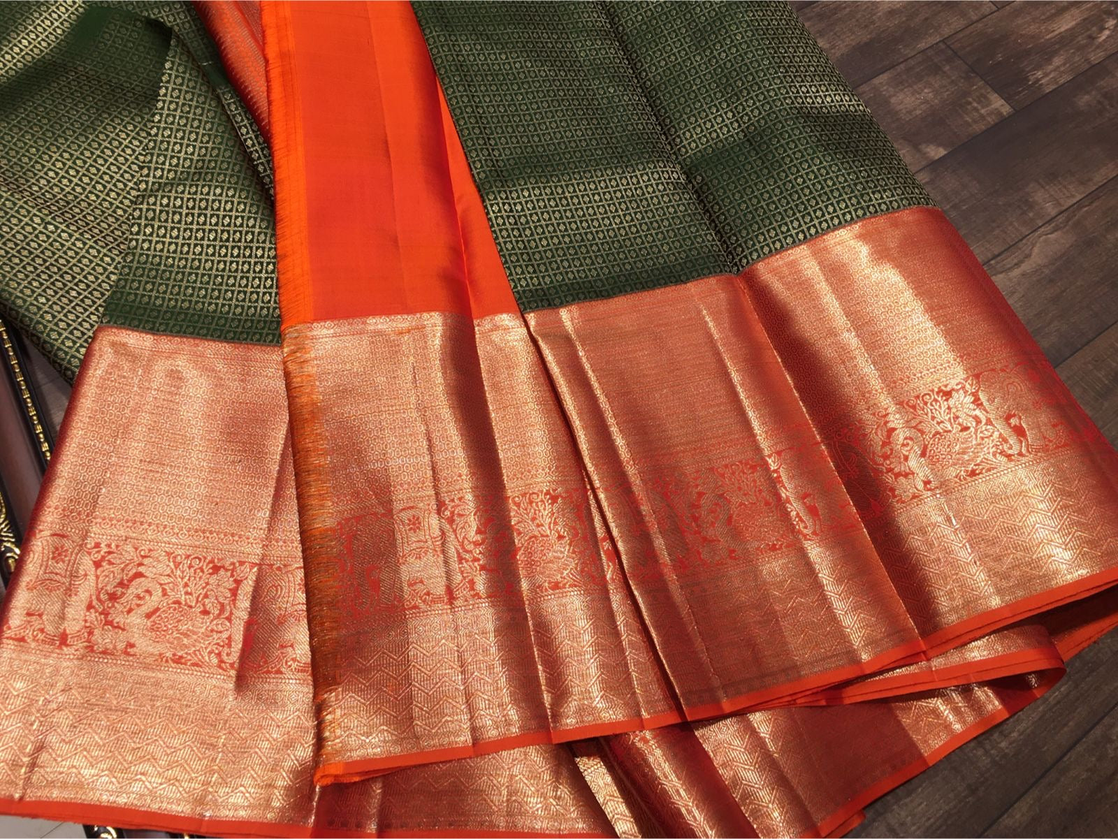 Classic Dark Green & Orange Bridal Elegance Kanchipuram Handloom Silk Saree SS26695