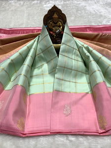 Classic Pastel Sea Green & Baby Pink 2gm Zari Kanchipuram Handloom Silk Saree SS25928