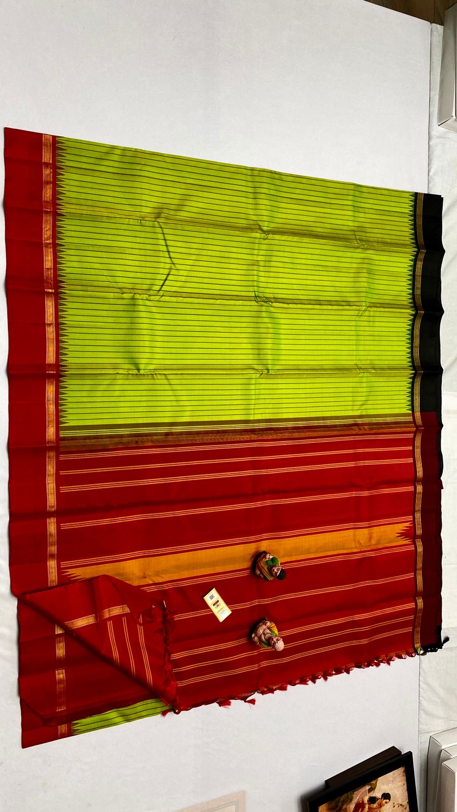 Classic Spring Green Chilli Red & Black Kanchipuram Handloom Silk Saree SS25847