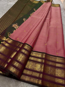 Classic Pink & Olive Green 2gm Zari Elegance Kanchipuram Handloom Silk Saree SS24778