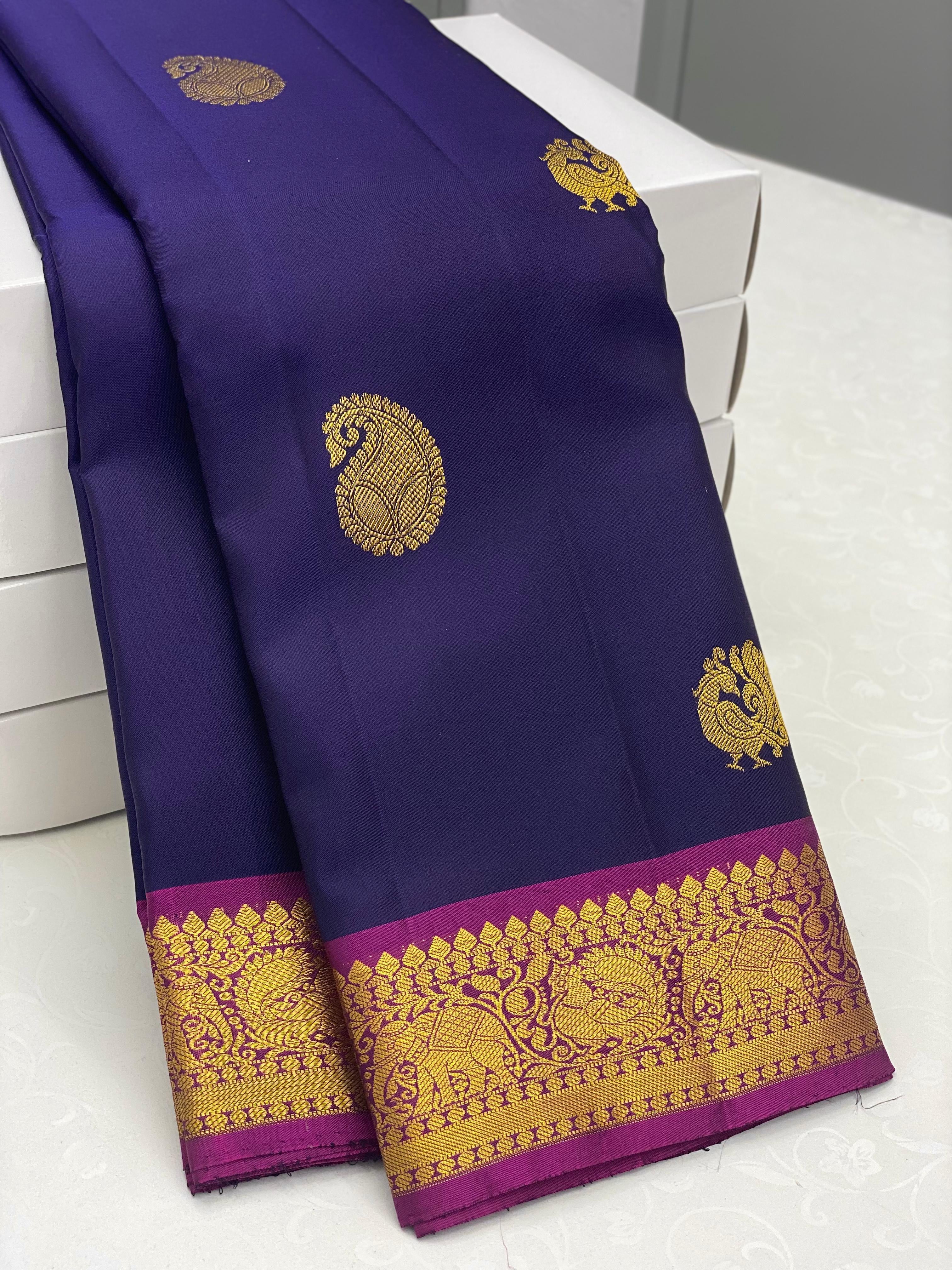 Classic Steel Blue & Fuchsia Pink 2gm Zari Elegance Kanchipuram Handloom Silk Saree SS23753