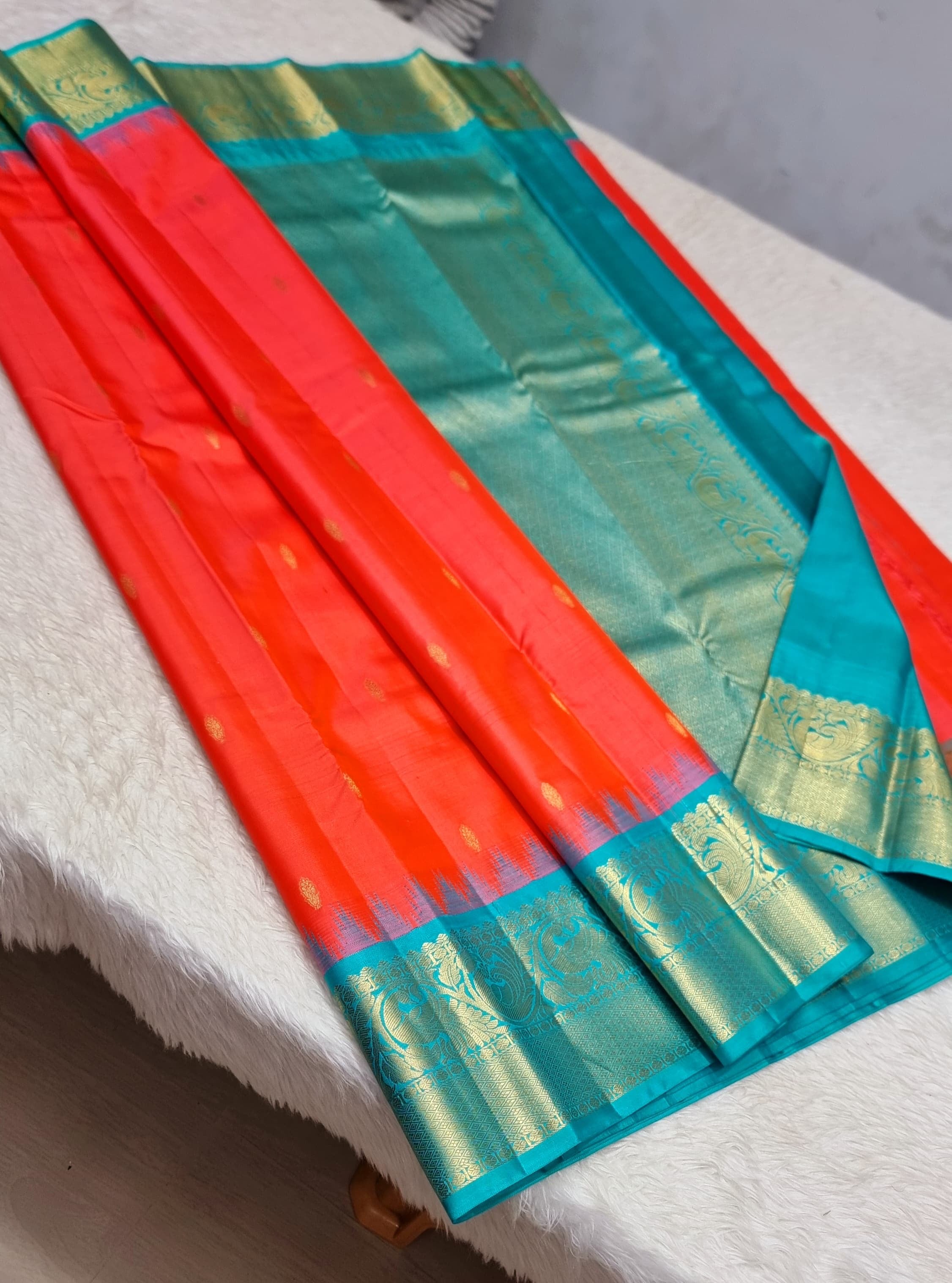 Classic Orange & Teal Blue 1gm Zari Kanchipuram Handloom Silk Saree SS25685