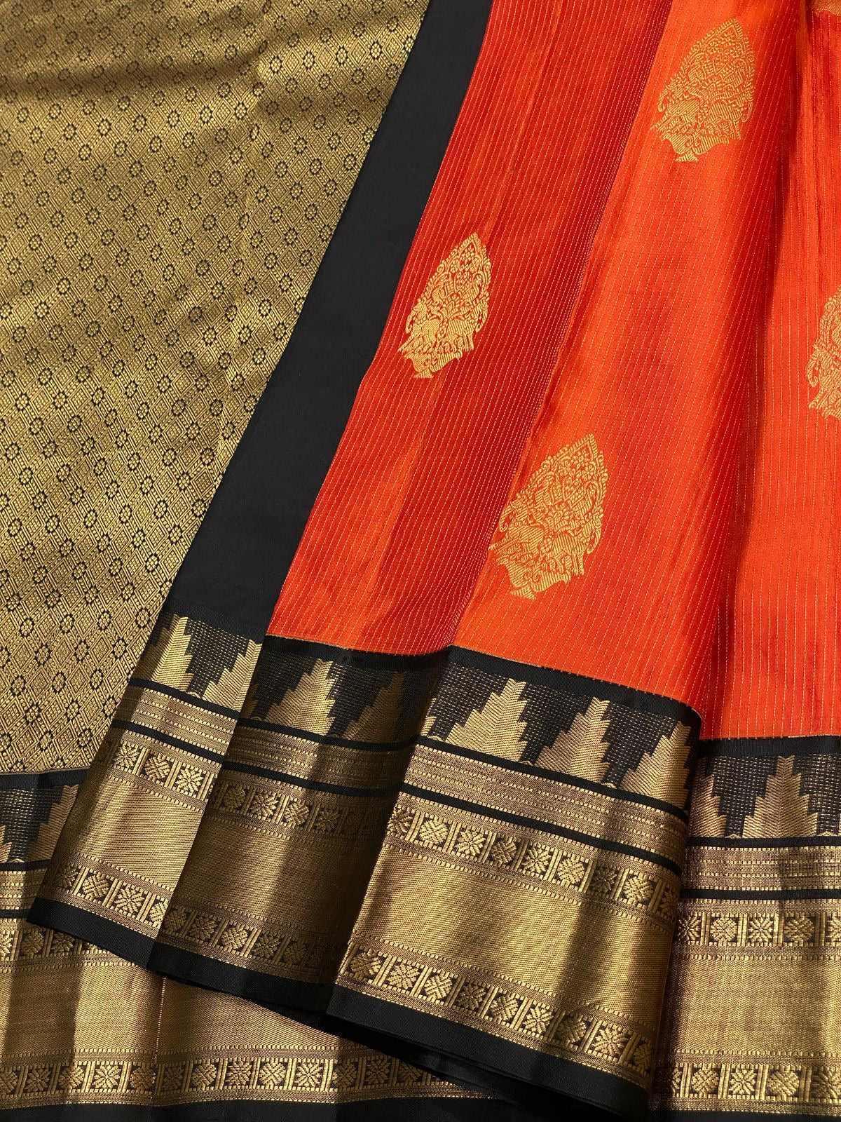 Classic Brick Orange & Charcoal Black 2gm Zari Elegance Kanchipuram Handloom Silk Saree SS24604