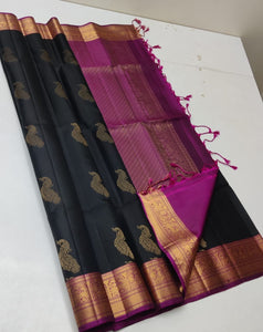 Classic Charcoal Black & Shimmer Wine Red Double Warp Elegance Handloom Soft Silk Saree SS23513