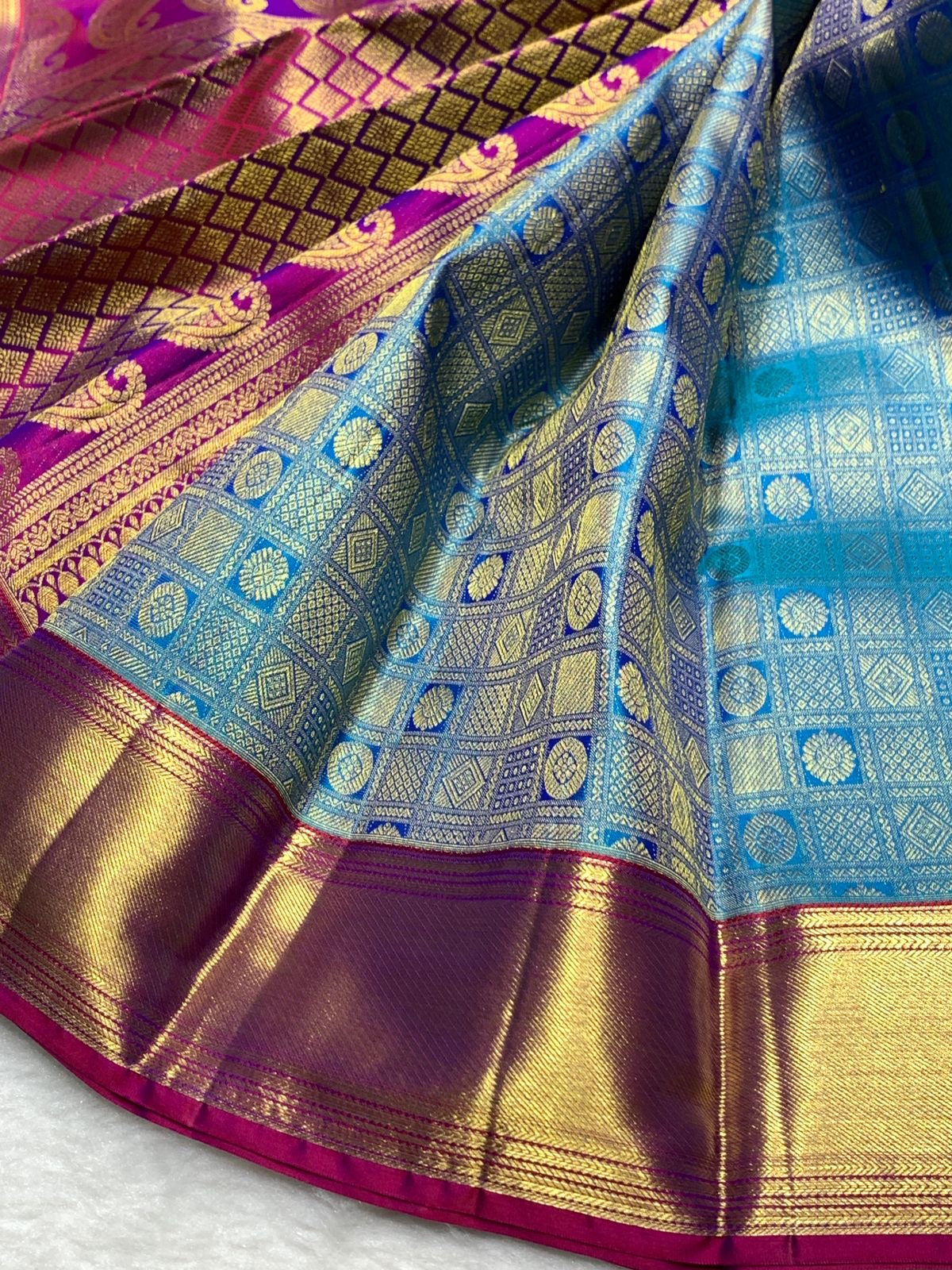 Classic Azure Blue & Vadamalli Purple 2gm Zari Bridal Elegance Kanchipuram Handloom Silk Saree SS25355