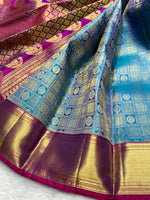 Load image into Gallery viewer, Classic Azure Blue &amp; Vadamalli Purple 2gm Zari Bridal Elegance Kanchipuram Handloom Silk Saree SS25355
