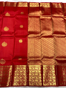 Classic Carmine Red 2gm Zari Bridal Elegance Kanchipuram Handloom Silk Saree SS25766