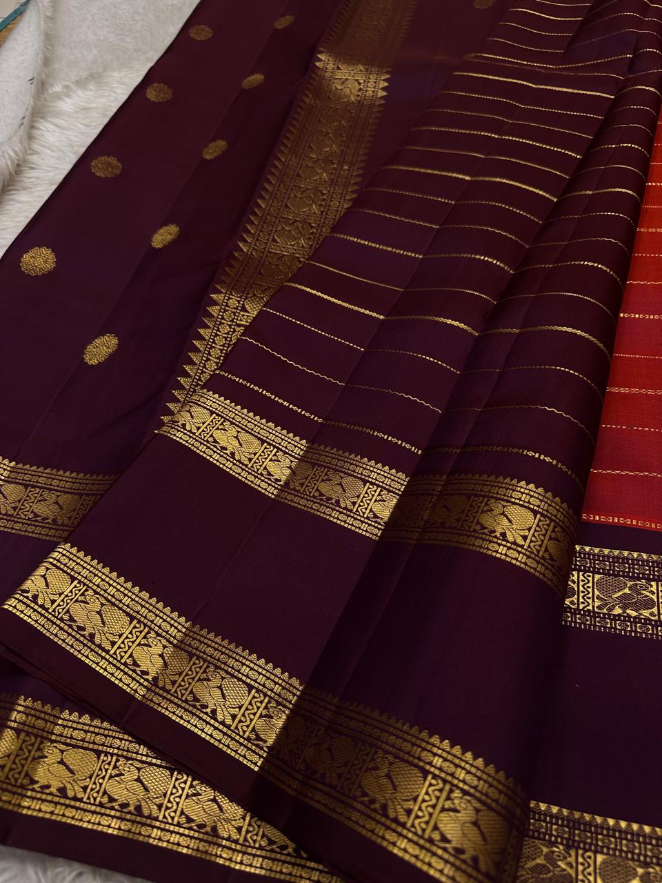 Classic Brick Orange & Coffee Brown 2gm Zari Beldari Kanchipuram Handloom Silk Saree SS26421