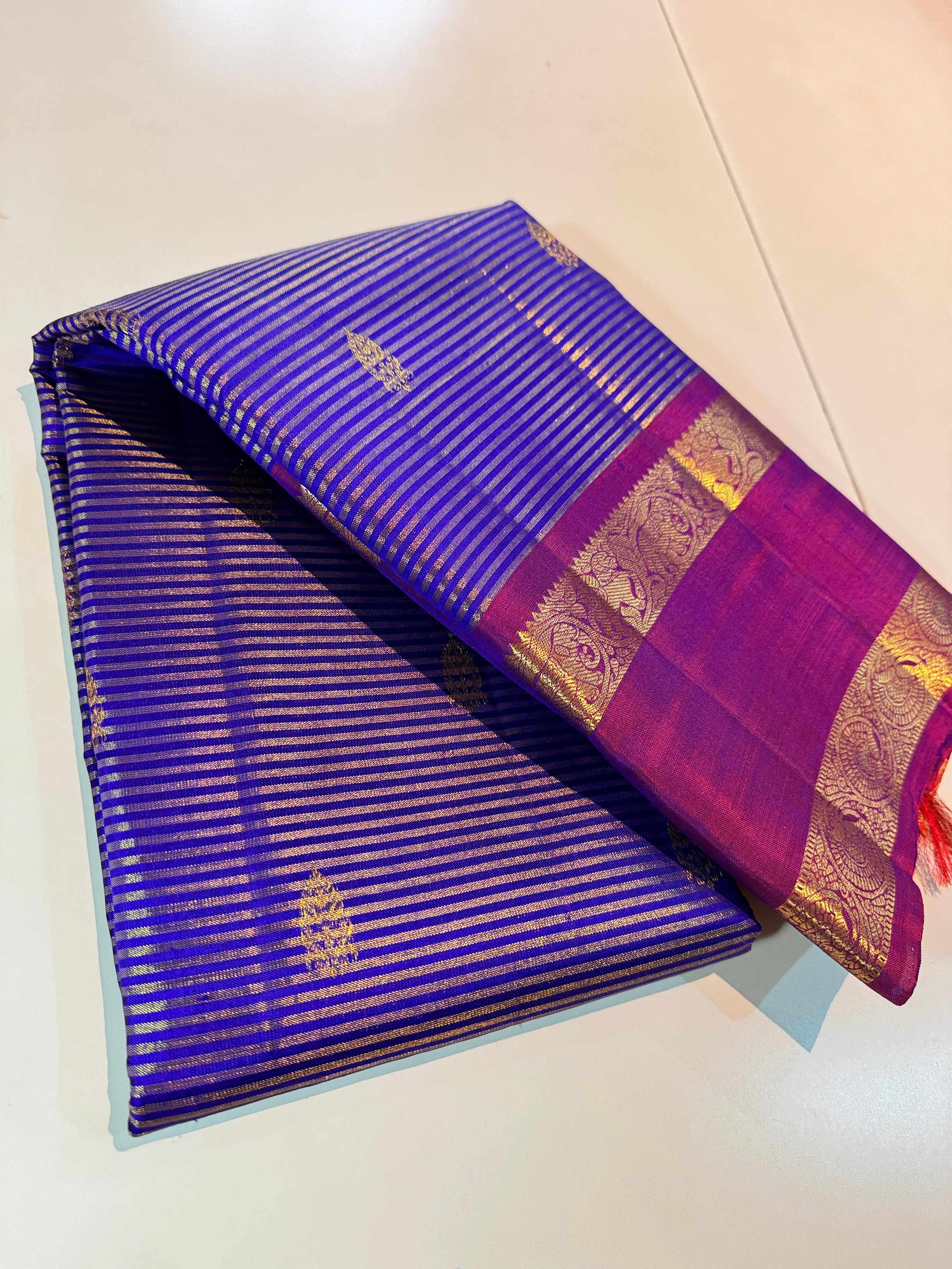 Classic Cornflower Blue & Purple Elegance Kanchipuram Tissue Handloom Silk Saree SS25378