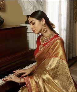 Classic Golden Cream & Red 2gm Zari Bridal Elegance Kanchipuram Handloom Silk Saree SS25281