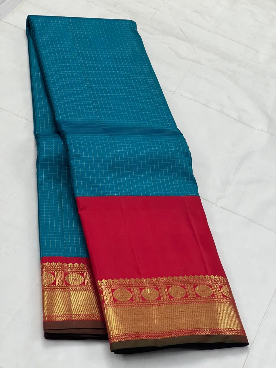 Classic Teal Blue & Chilli Red 2gm Zari Kanchipuram Handloom Silk Saree SS25726