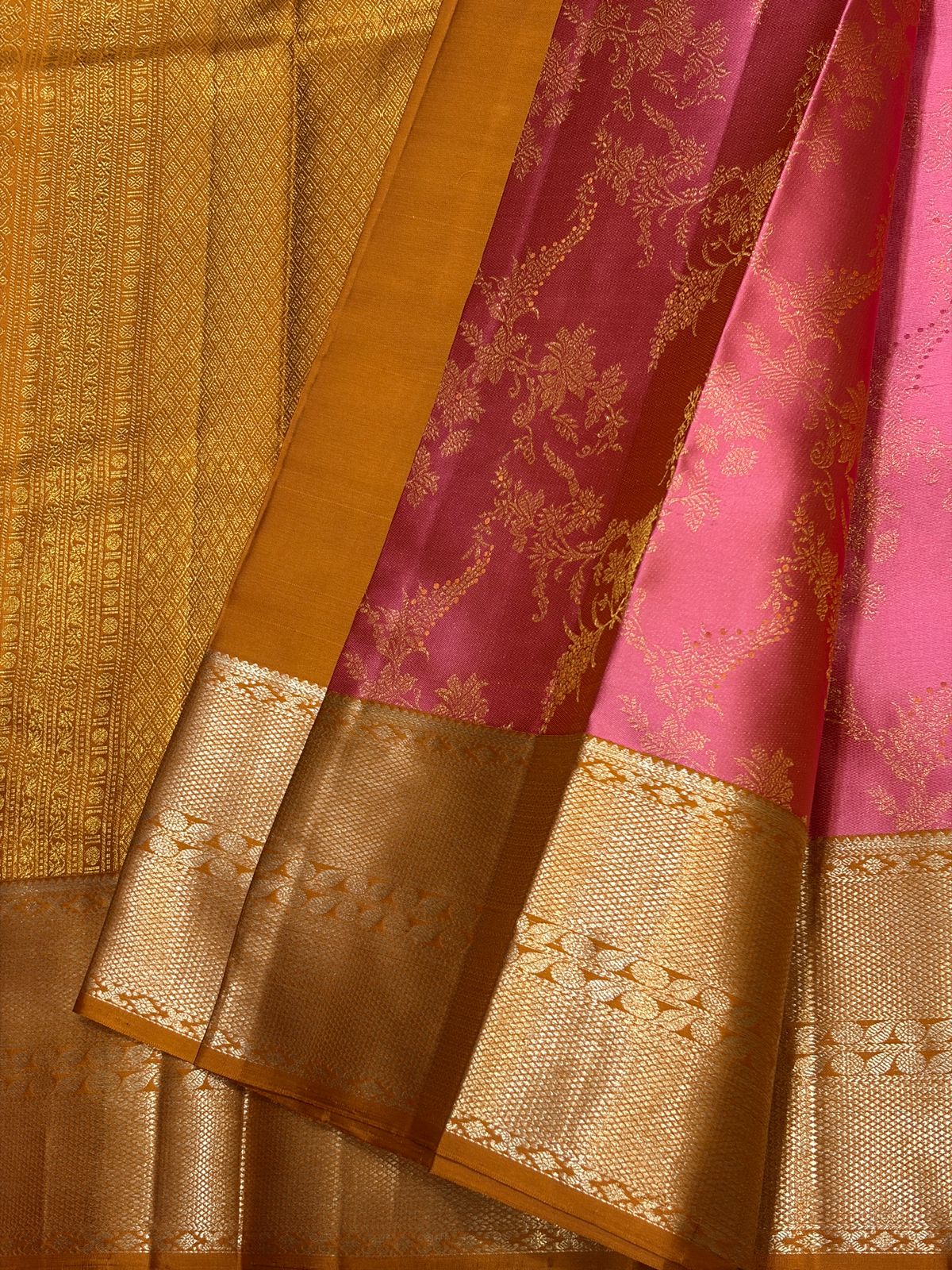 Classic Rose & Mustard 2gm Zari Brocade Kanchipuram Handloom Silk Saree SS26567