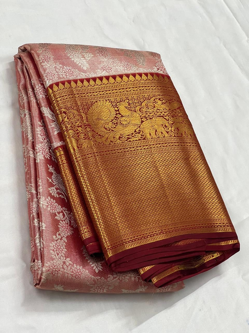 Pastel Cocoa Rose & Barn Red 2gm Zari Bridal Elegance Kanchipuram Handloom Silk Saree SS24062