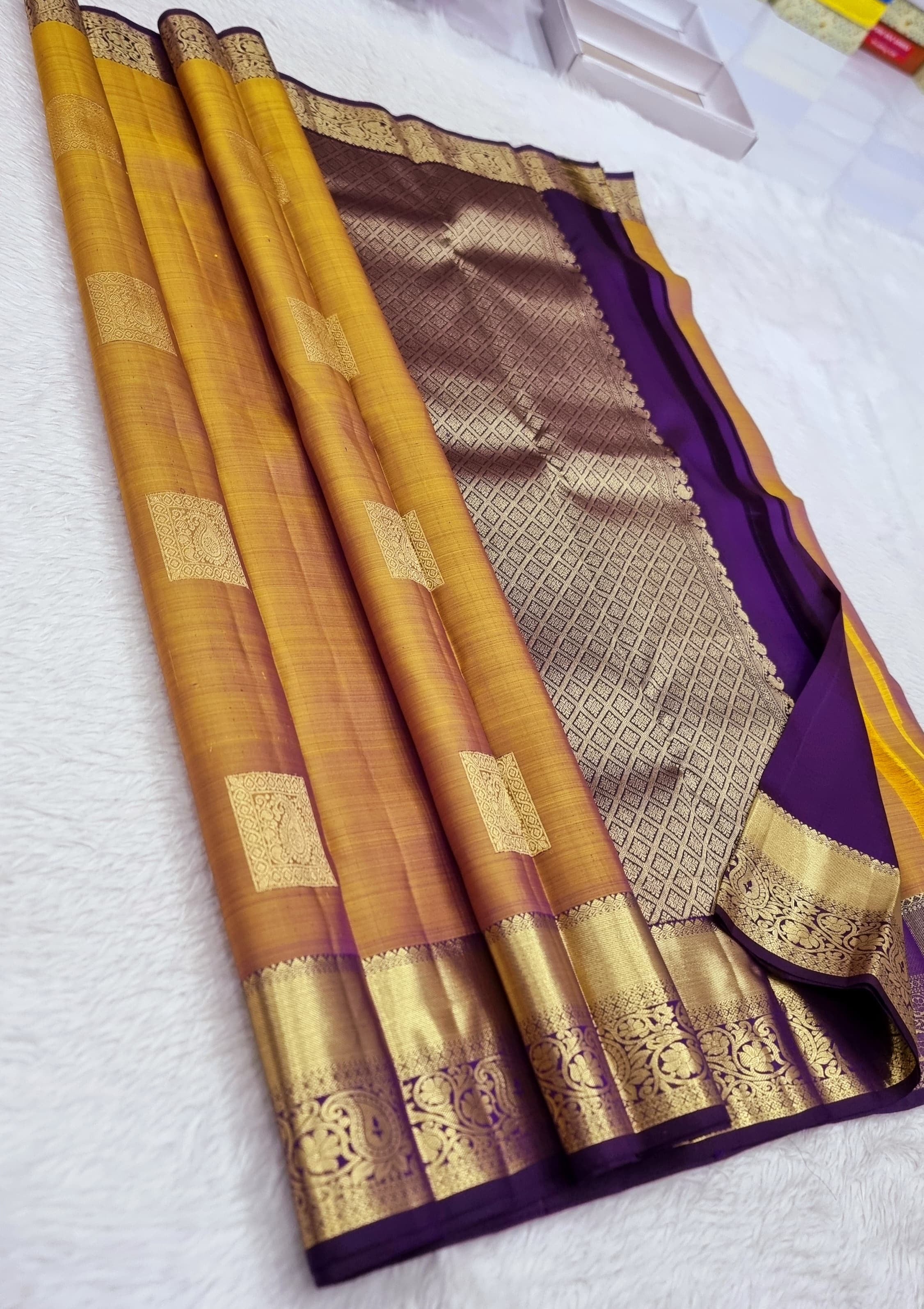 Classic Golden Mustard & Violet 1gm Zari Kanchipuram Handloom Silk Saree SS25791