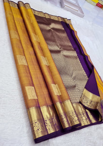 Classic Golden Mustard & Violet 1gm Zari Kanchipuram Handloom Silk Saree SS25791