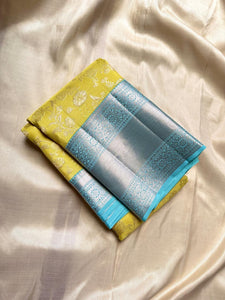 Classic Lime Yellow & Sky Blue 2gm Zari Bridal Elegance Kanchipuram Handloom Silk Saree SS24476