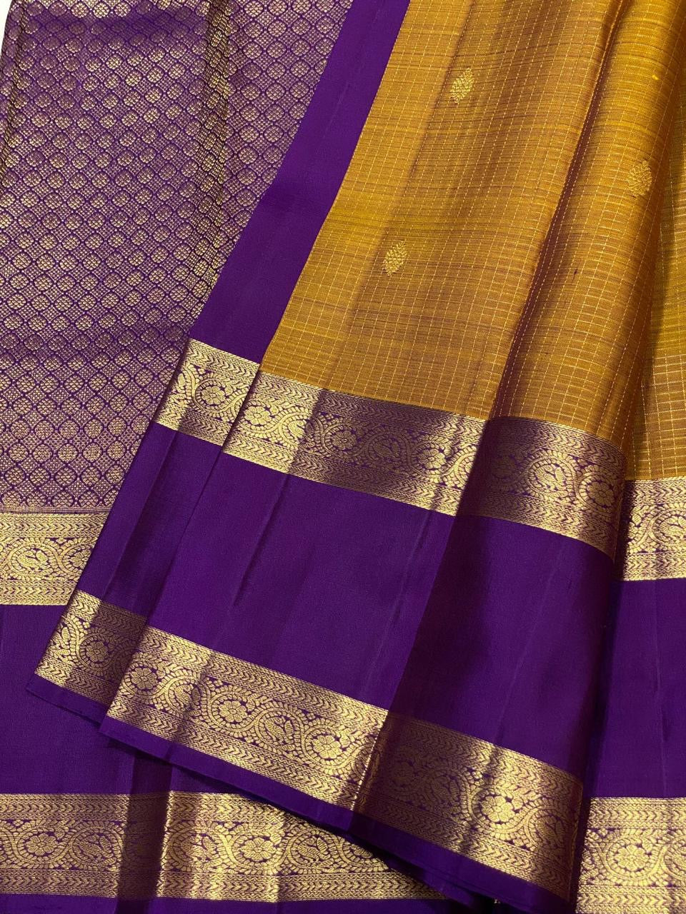 Shimmer Mustard & Aubergine 2gm Zari Vaira Oosi Kanchipuram Handloom Silk Saree SS25586
