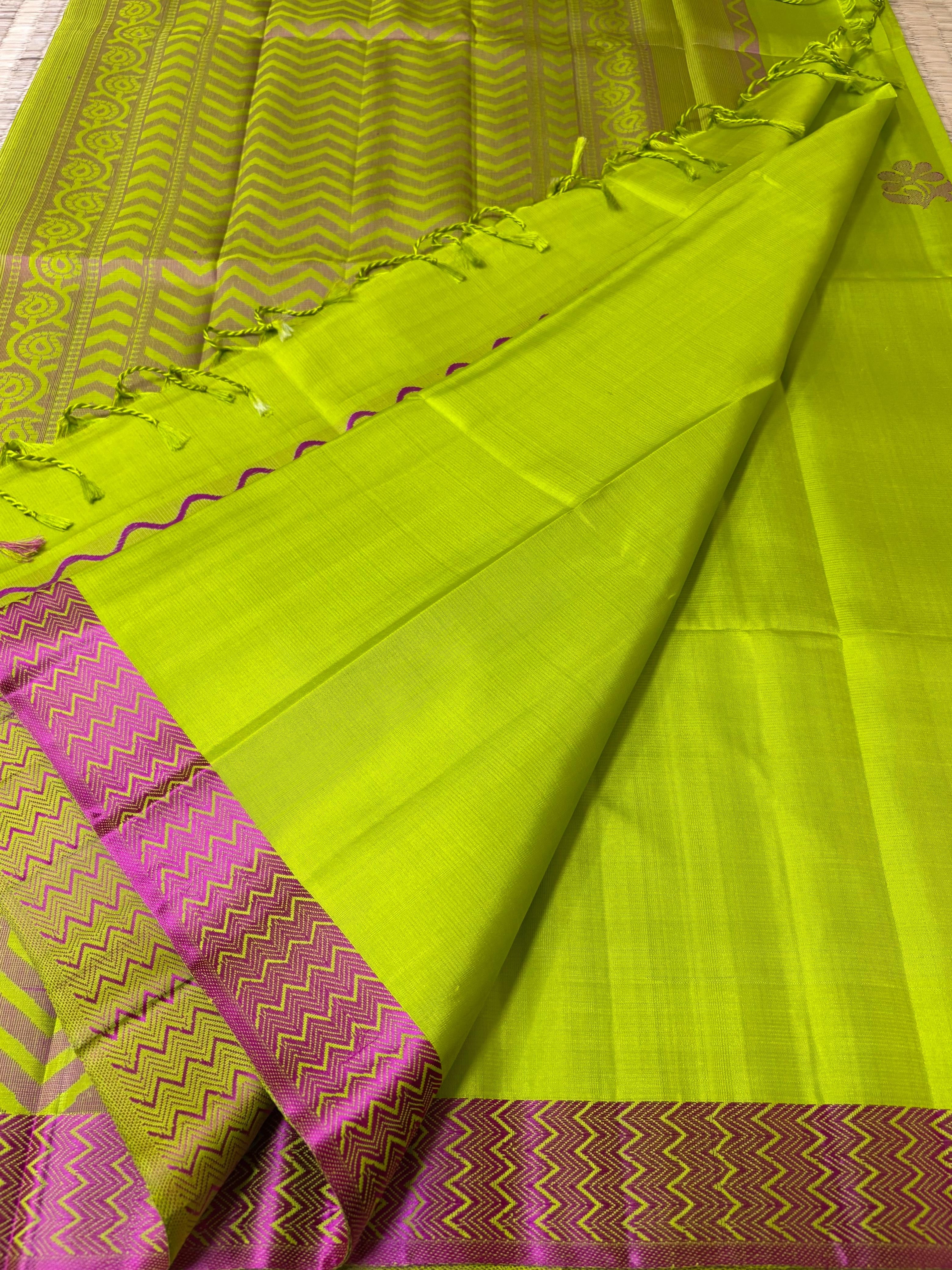 Classic Lime Green & Pink Elegance Handloom Soft Silk Saree SS24086