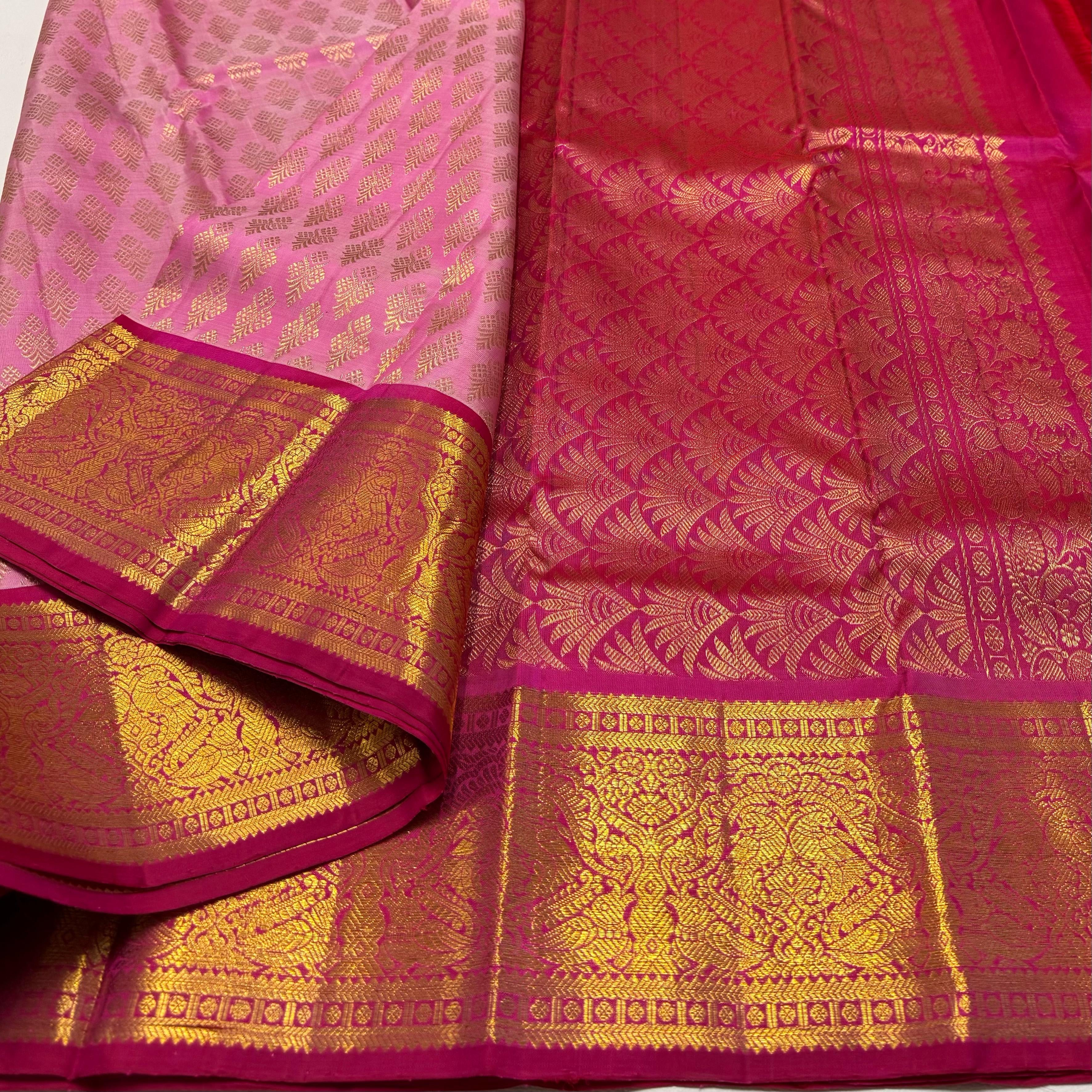 Classic Creamy Pink & Deep Pink 2gm Zari Bridal Elegance Kanchipuram Handloom Silk Saree SS24758