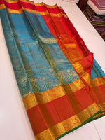 Load image into Gallery viewer, Classic Sea Green &amp; Orange Brocade Elegance Kanchipuram Handloom Silk Saree SS27199
