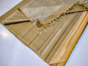 Classic Mustard & Oatmeal Beige 1gm Zari Raising Temple Border Kanchipuram Handloom Silk Saree SS26279
