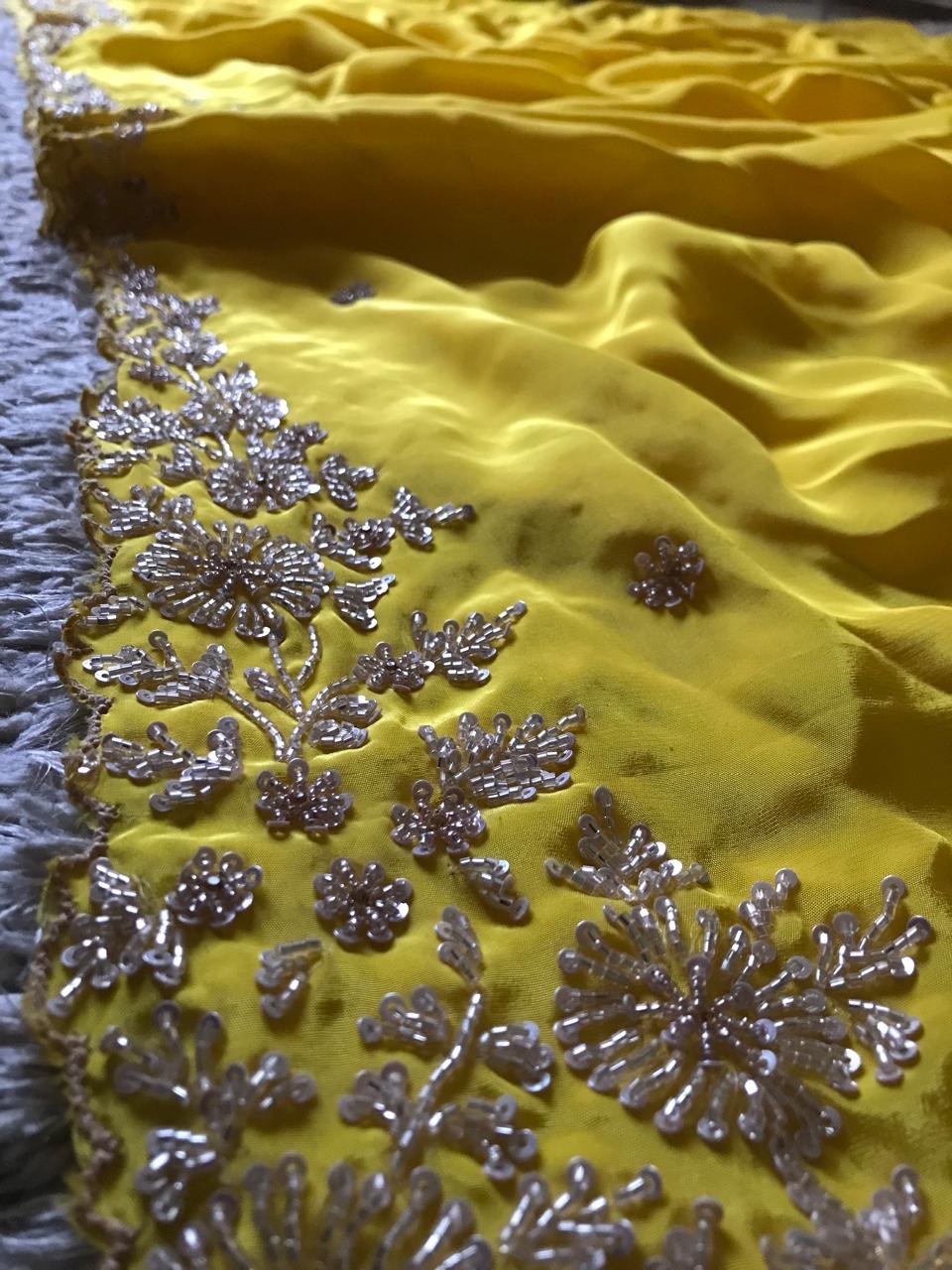 Classic Yellow Handwork Elegance Crepe Silk Saree SS24530