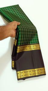 Classic Green & Dark Brown Zari Kattam & Rettai Pet Border Elegance Kanchipuram Handloom Silk Saree SS25337