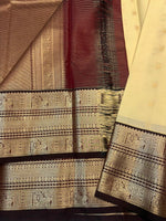 Load image into Gallery viewer, Classic Butter Cream &amp; Coffee Brown Elegance Semi Tissue Kanchipuram Handloom Silk Saree SS27862
