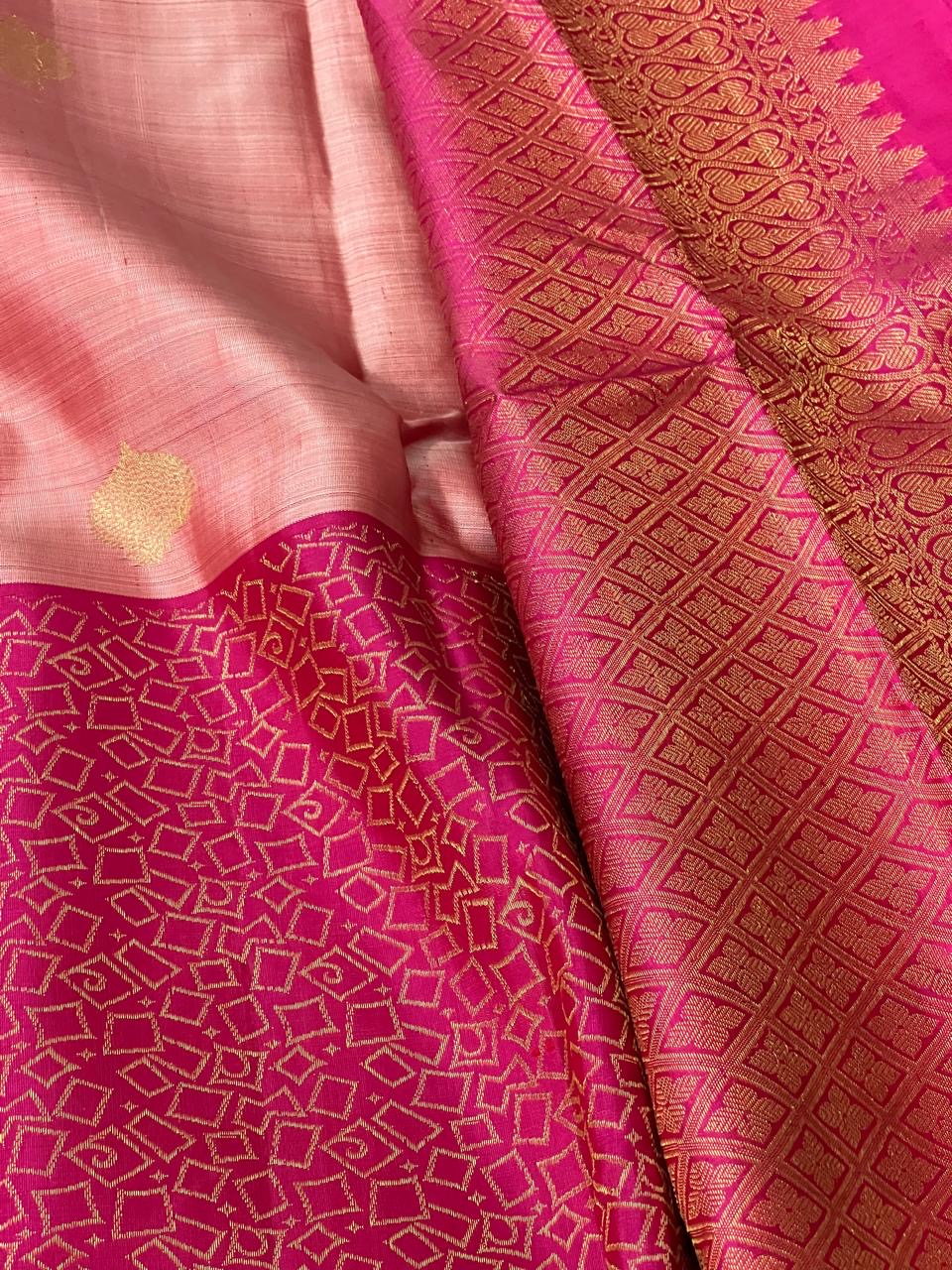 Classic Pastel Pink & Deep Pink 1gm Zari Elegance Kanchipuram Handloom Silk Saree SS23627