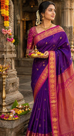 Load image into Gallery viewer, Classic Deep Violet &amp; Pink Elegance Kanchipuram Handloom Silk Saree SS27878
