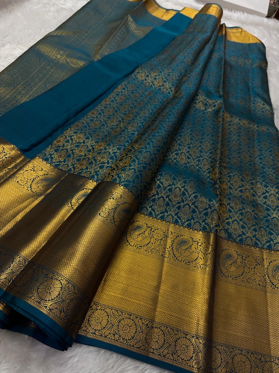 Classic Teal Blue Bridal Elegance Kanchipuram Handloom Silk Saree SS23699