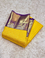 Load image into Gallery viewer, Classic Sunny Yellow &amp; Purple 2gm Zari Bridal Elegance Kanjivaram Handloom Silk Saree SS22929
