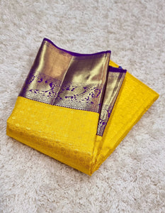 Classic Sunny Yellow & Purple 2gm Zari Bridal Elegance Kanjivaram Handloom Silk Saree SS22929