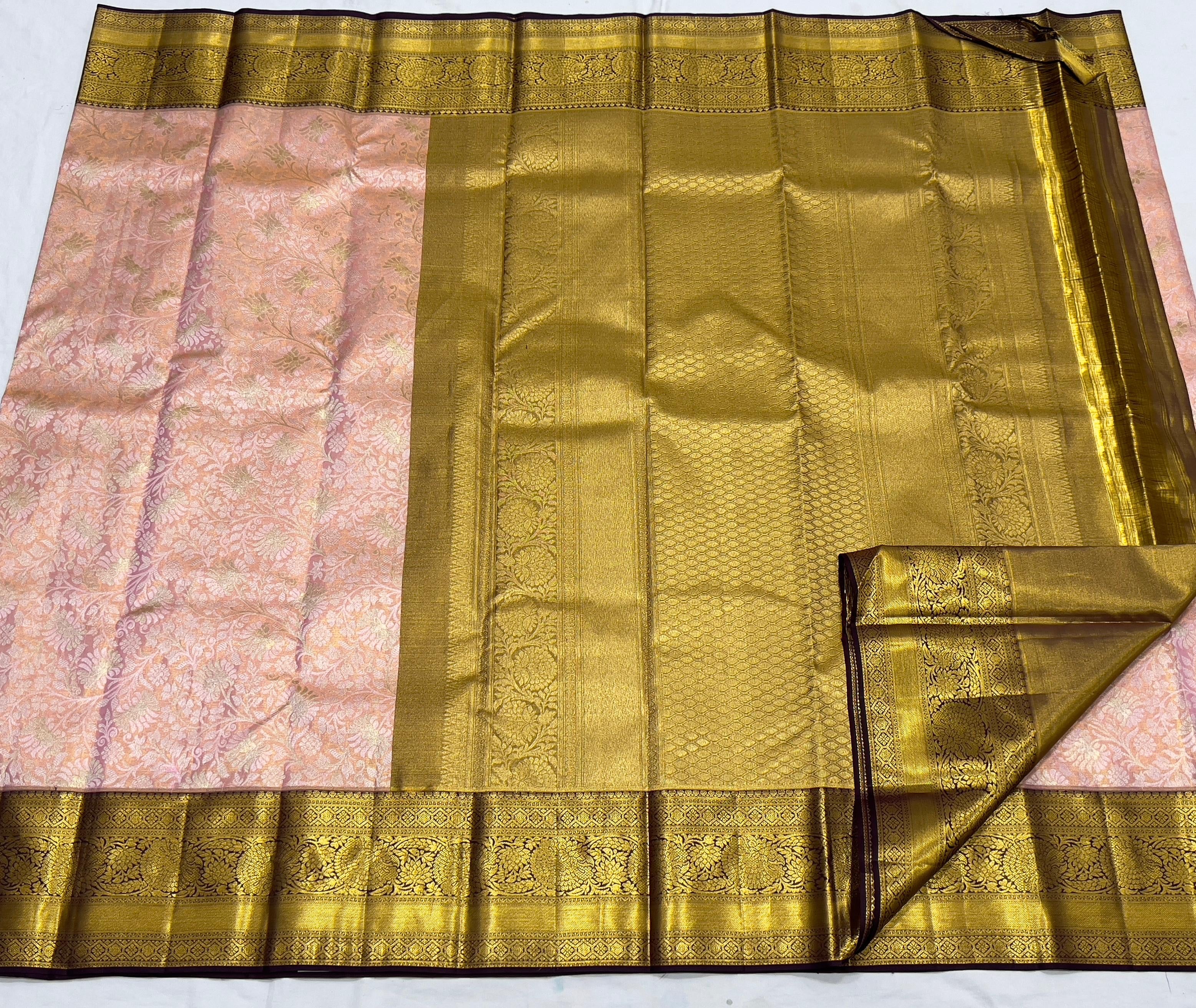 Classic Rose & Espresso Brown 1gm Zari Bridal Elegance Kanchipuram Handloom Silk Saree SS24114